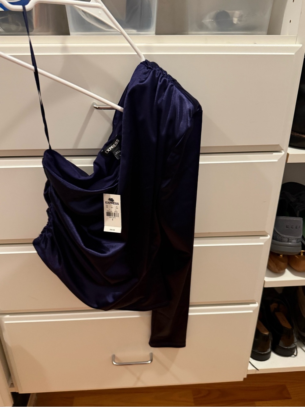 Express Dark Gem Purple Satin One-Shoulder Draped Blouse NWT